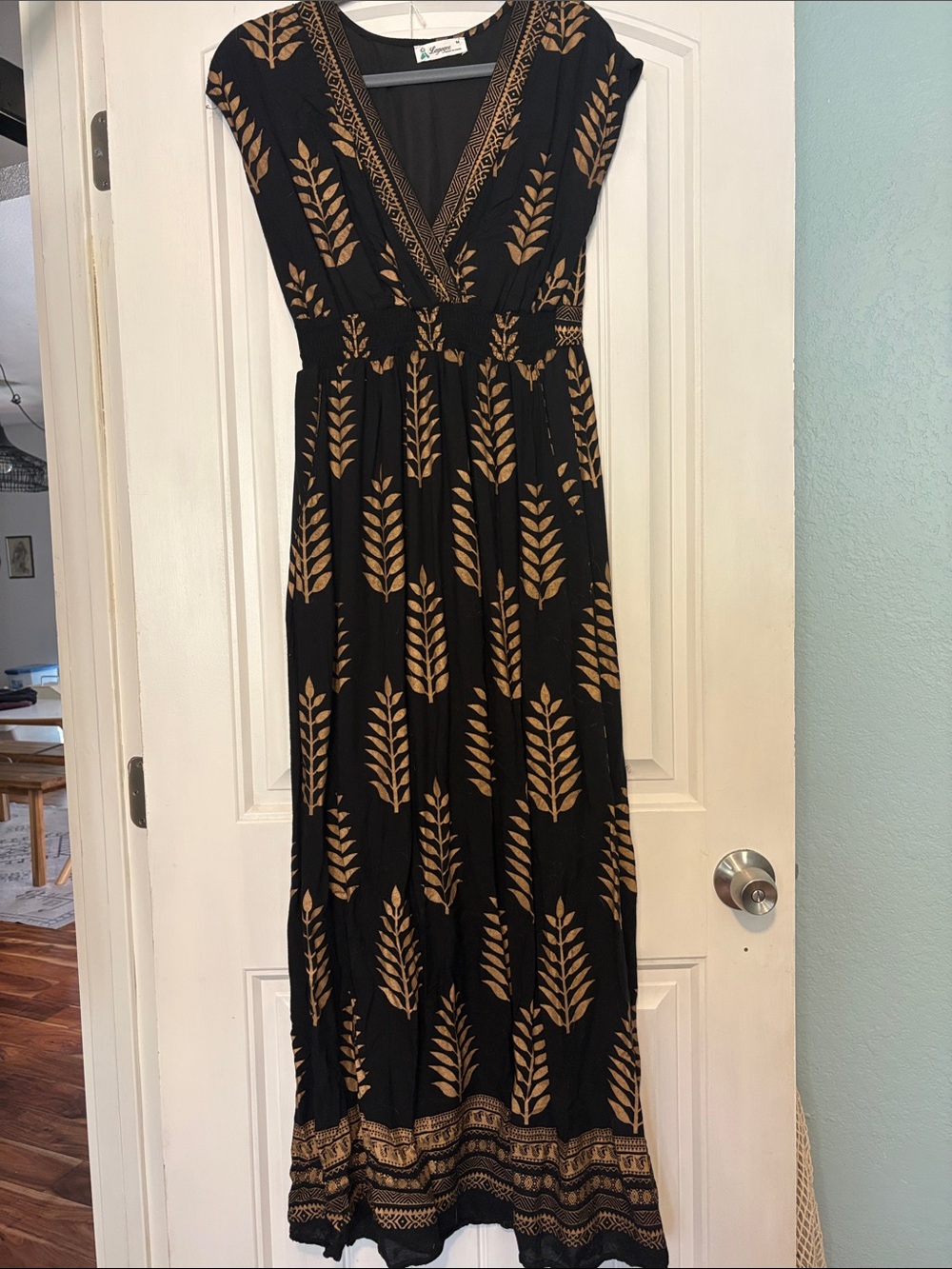 Vintage Black Maxi Dress with Gold Leaf Print by Lapogee
